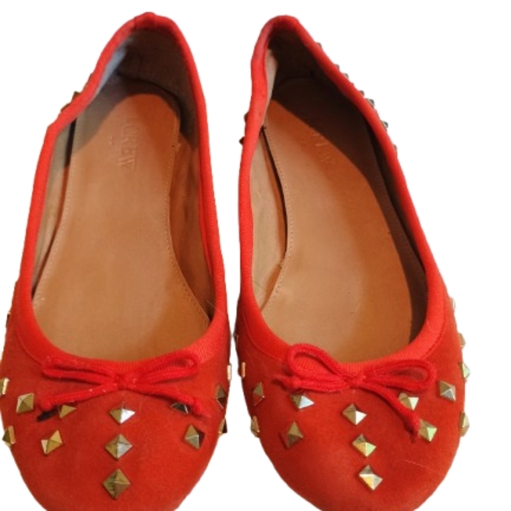 J.Crew Womens Ballet Flats Shoes Orange Suede Slip On Studded Round Toe Bow - Picture 13 of 16